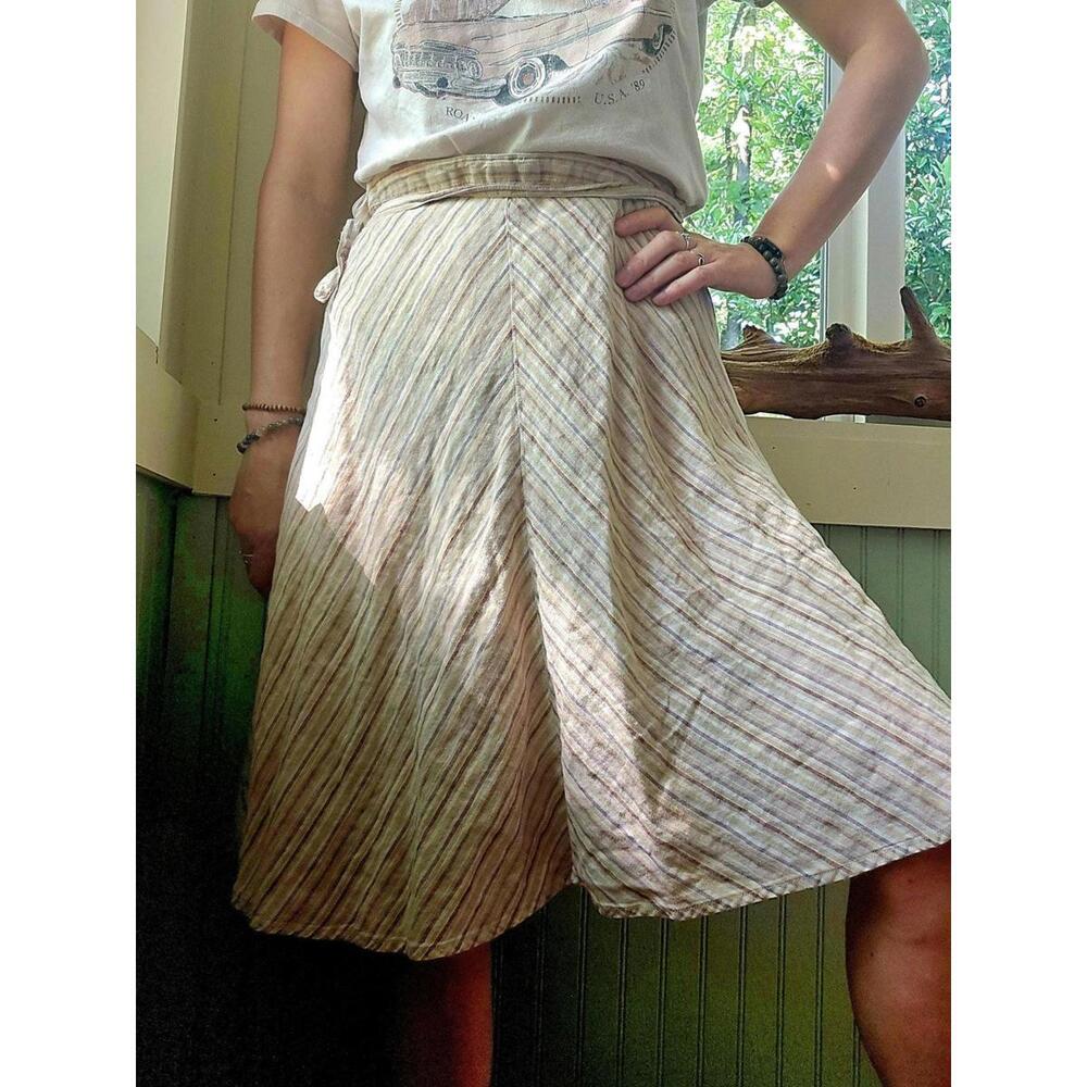 Striped Linen A-Line Skirt: Adjustable Waist, Neutral Beige Brown
